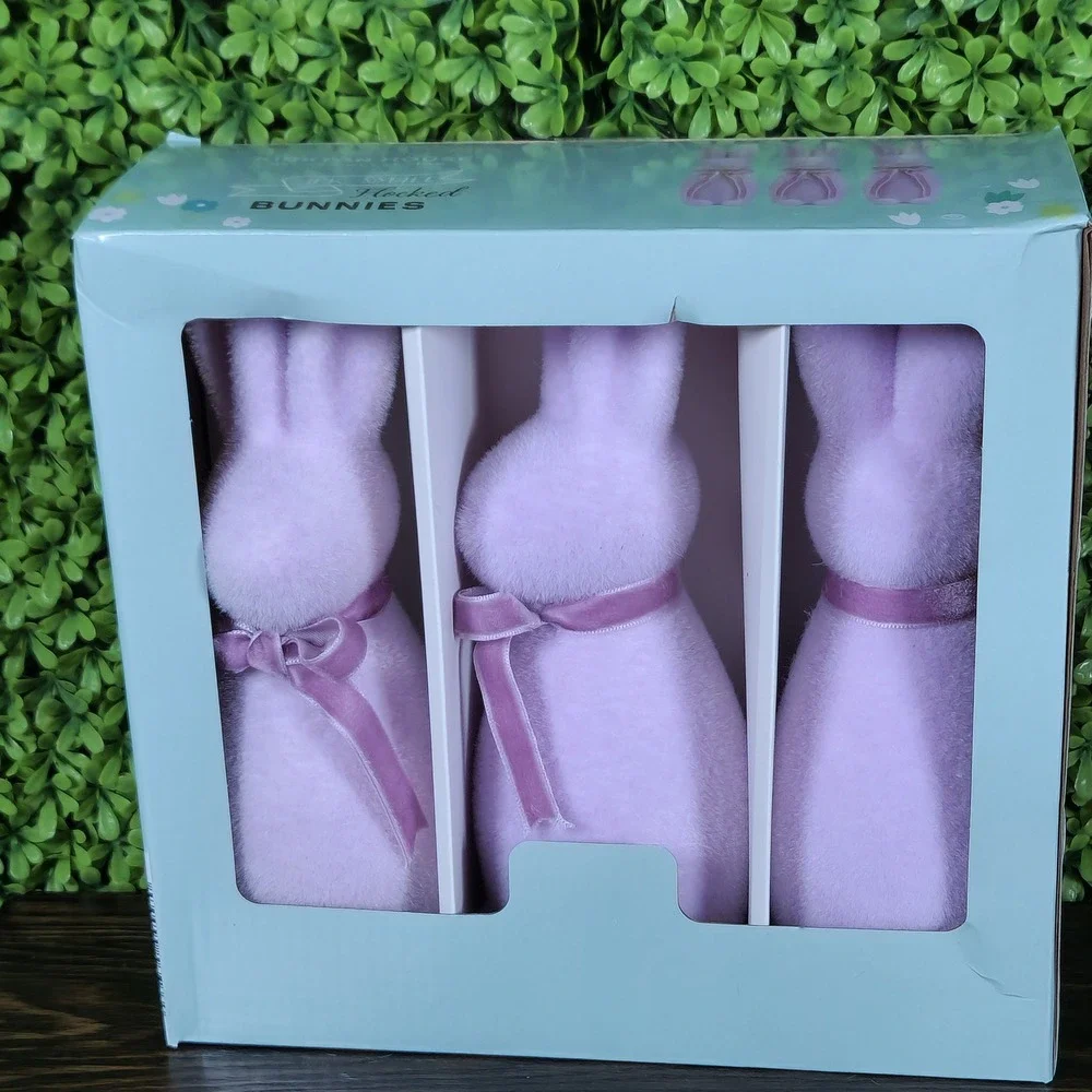 Kirkton House 3PK Small Flocked Bunnies Purple Easter Decor Velvet Ribbon New